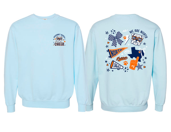 McKinney North Cheer Hand Drawn Icons Frocket Comfort Colors Chambray Crewneck Sweatshirt