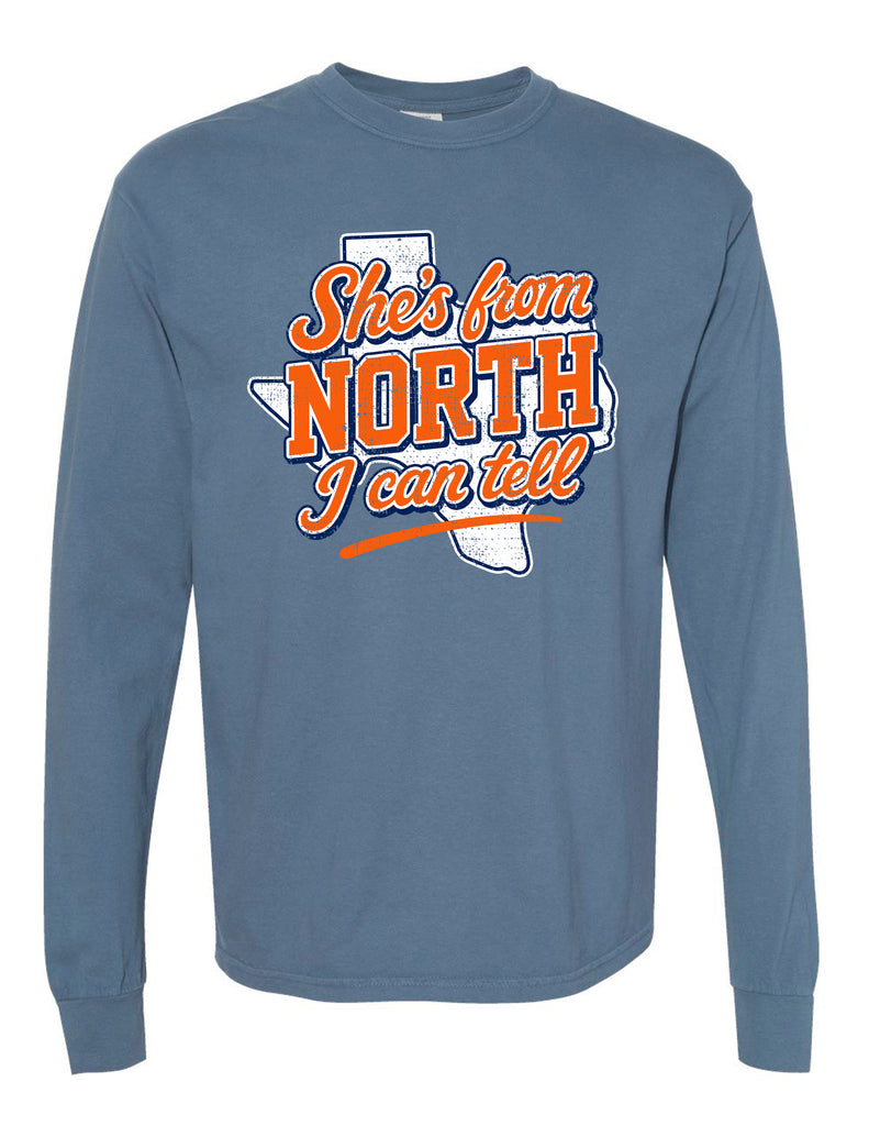 North Cheer Comfort Color Blue Jean She's From North Long Sleeve T-Shirt