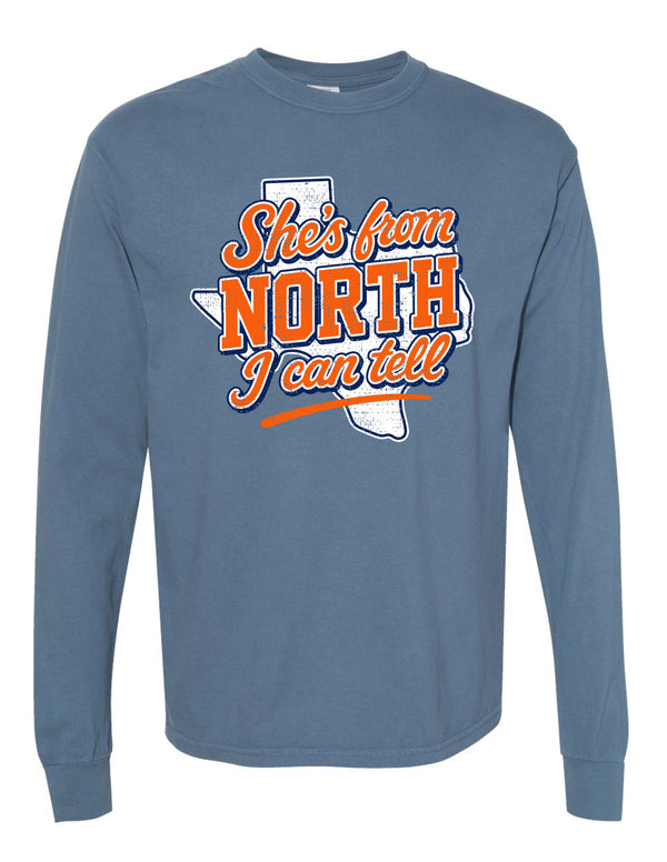 North Cheer Comfort Color Blue Jean She's From North Long Sleeve T-Shirt