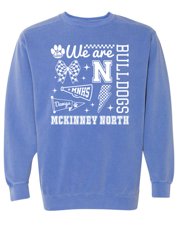 McKinney North Cheer White Checker Comfort Colors Flo Blue Crewneck Sweatshirt