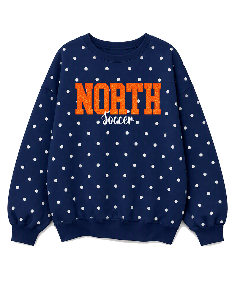 North Soccer Glitter Embroidered Applique Navy Polka Dot Crewneck Sweatshirt "SOCCER" (With Personalization Option)