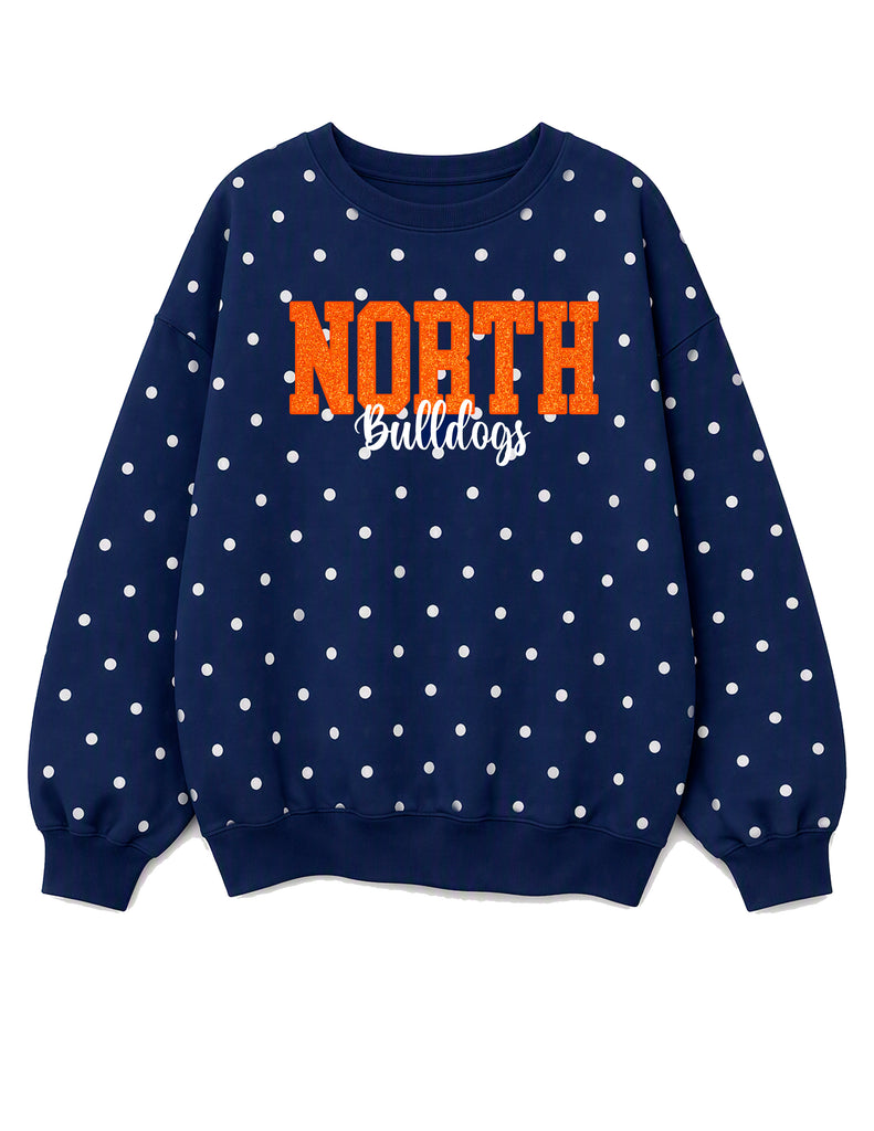 North Soccer Glitter Embroidered Applique Navy Polka Dot Crewneck Sweatshirt "BULLDOGS" (With Personalization Option)