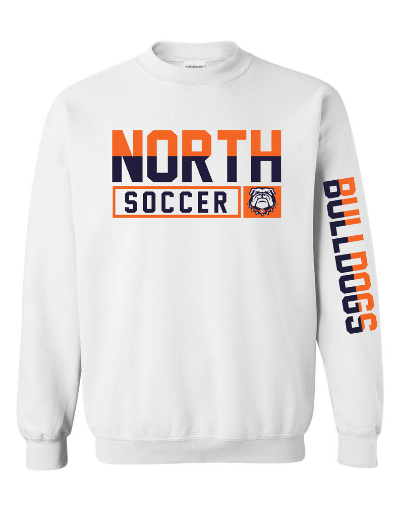 North Soccer Simple White Gildan Crewneck With Sleeve Design