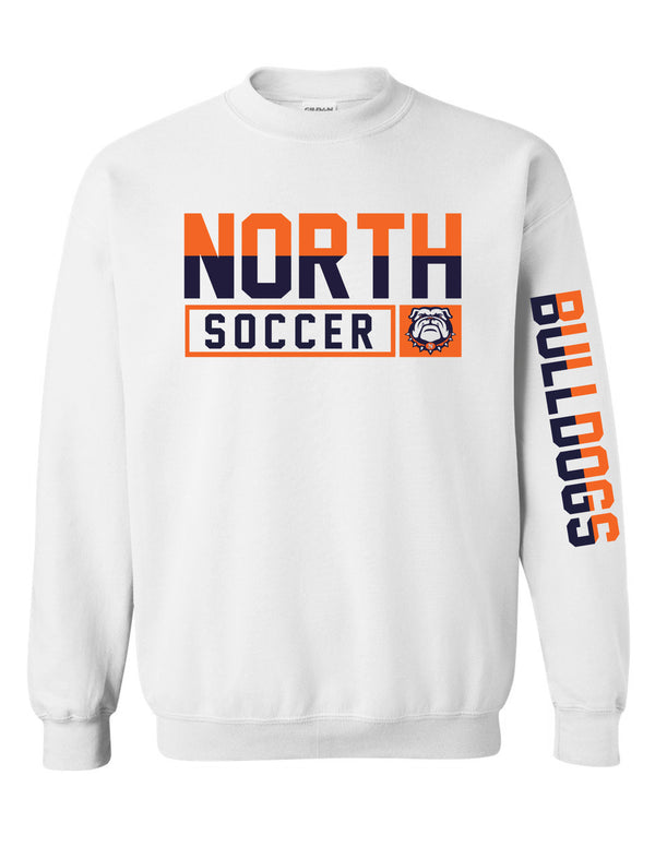 North Soccer Simple White Gildan Crewneck With Sleeve Design