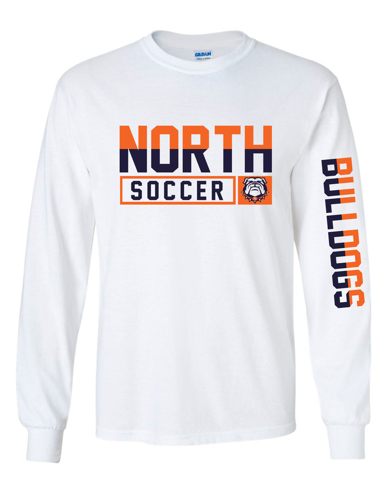 North Soccer Simple White Gildan Long Sleeve Tee With Sleeve Design