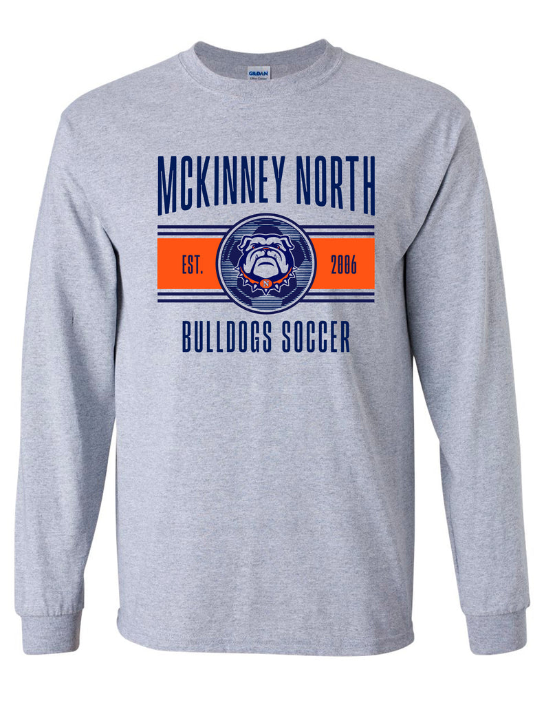 North Soccer Varsity Stripe Sports Gray Gildan Long Sleeve Tee