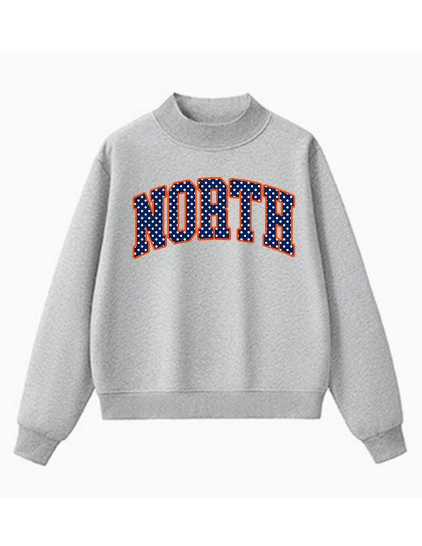 NorthStars Embroidered Applique w/ Navy Polka Dot Gray Mock Neck Sweatshirt