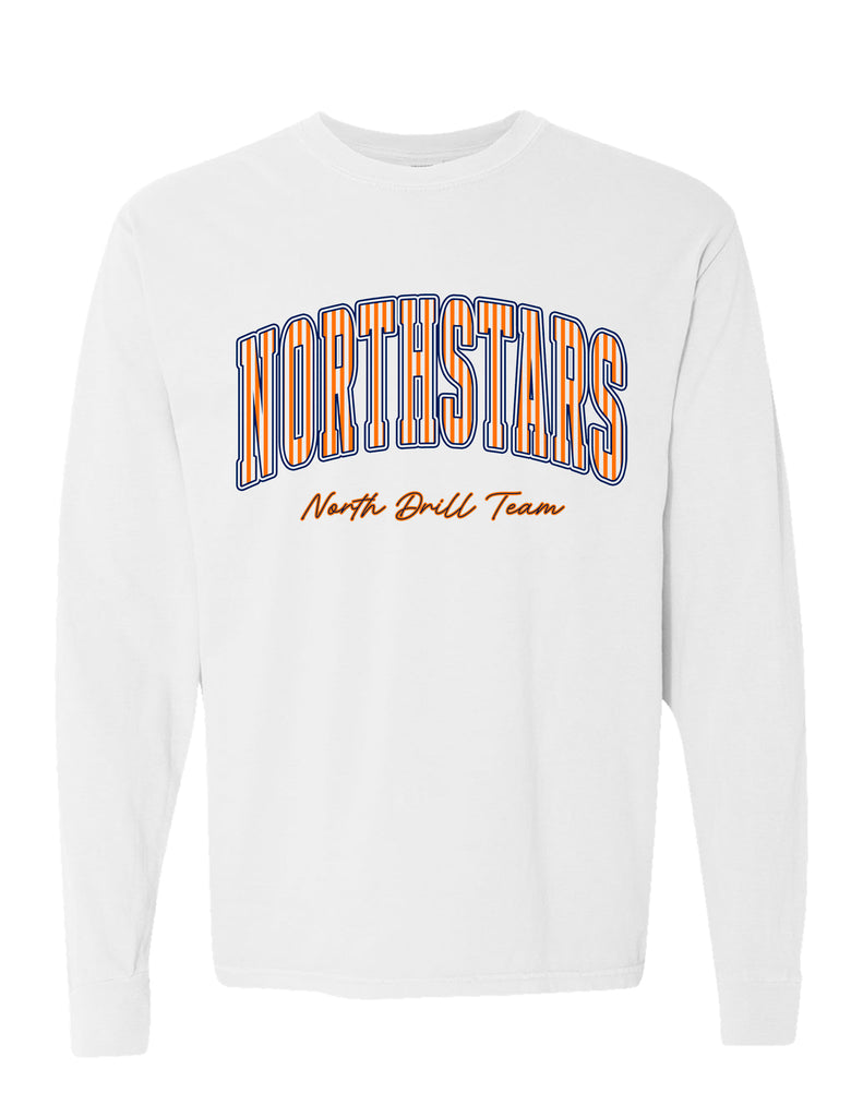 NorthStars Pinstripe Script White Comfort Colors Long Sleeve Tee