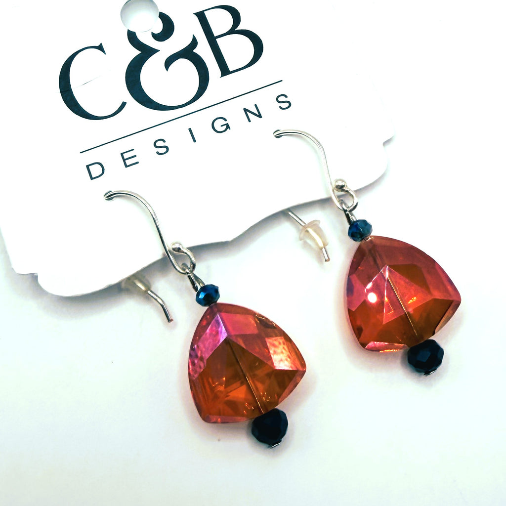 North Soccer Orange and Navy Crystal Dangle Silver Plated Earrings