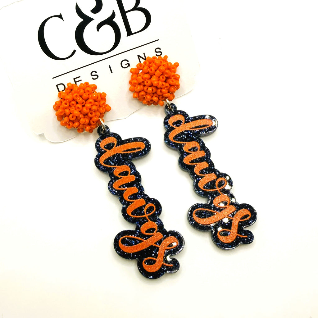 North Soccer Orange and Navy Glitter Acrylic Dawgs Earrings
