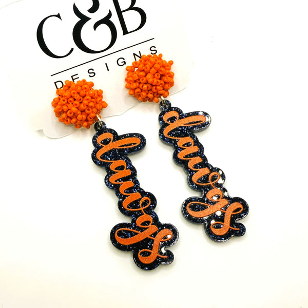 North Soccer Orange and Navy Glitter Acrylic Dawgs Earrings