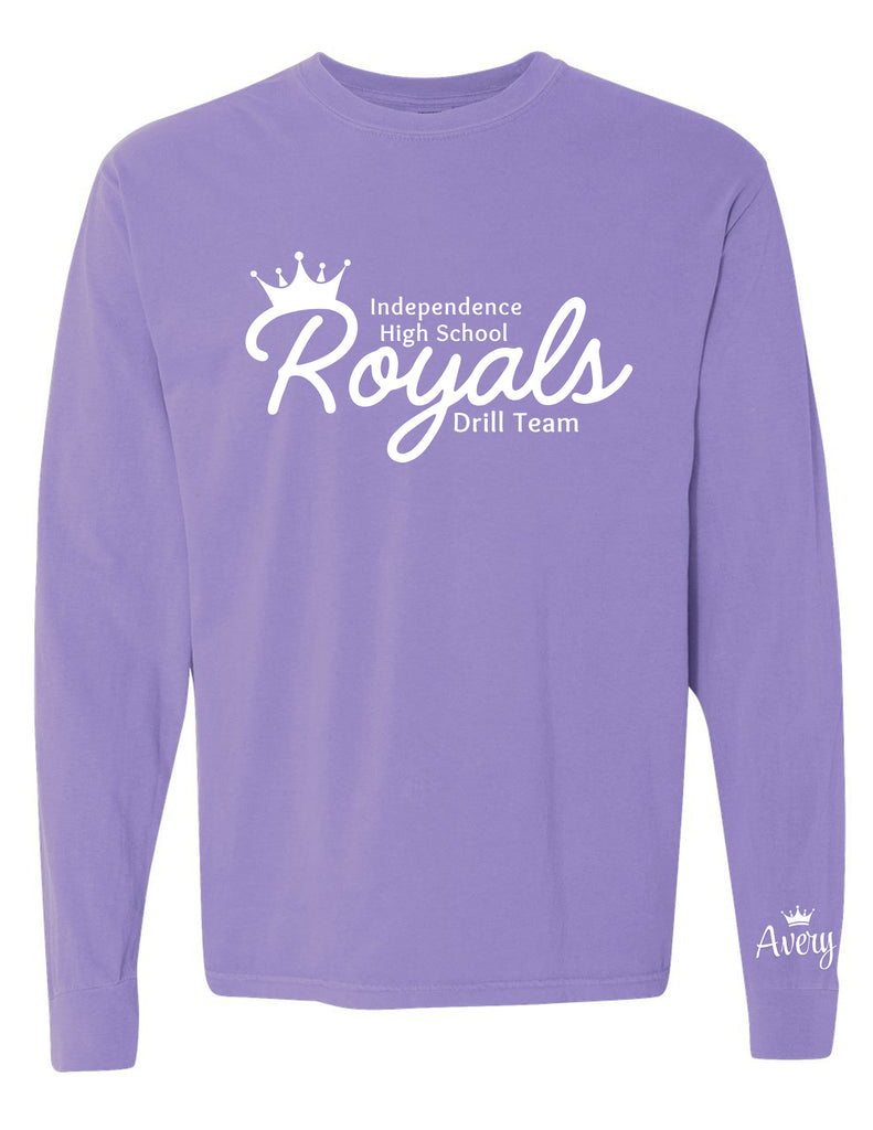 Independence Royals Drill Team Original Logo Violet Comfort Colors Longsleeve Tee with Optional Sleeve Personalization