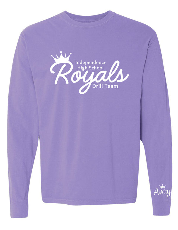 Independence Royals Drill Team Original Logo Violet Comfort Colors Longsleeve Tee with Optional Sleeve Personalization