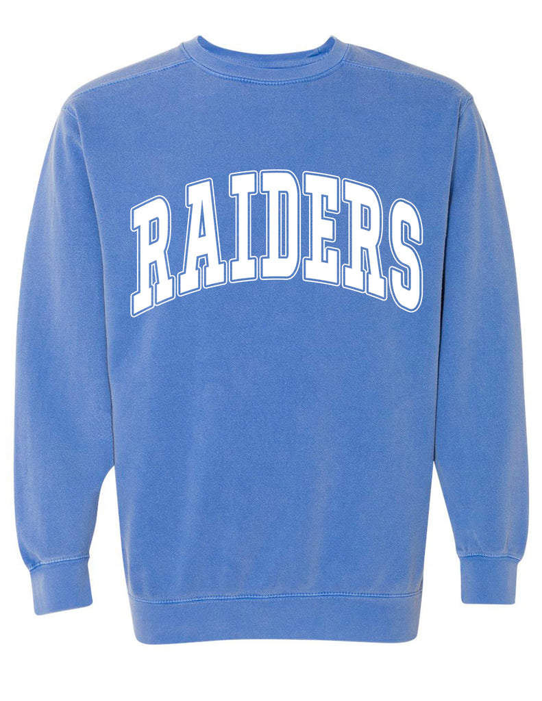 LD Bell Cheer Comfort Colors Flo Blue RAIDERS Oversized Print Crewneck Sweatshirt LD Bell Cheer Comfort Colors Flo Blue RAIDERS Oversized Print Tee (With or Without CHEER)