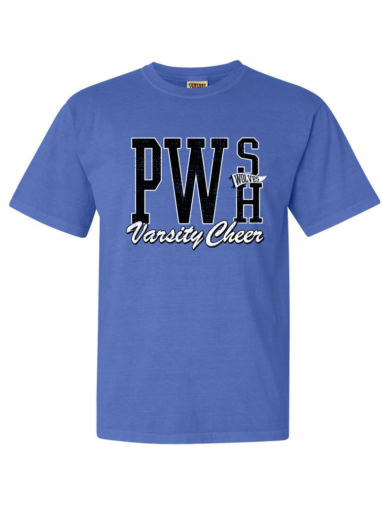 Plano West Cheer Comfort Colors Flo Blue VARSITY Cheer Tee