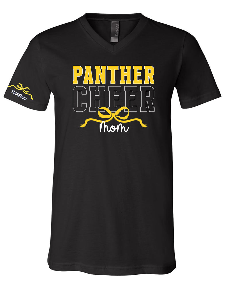 Plano East Cheer Mom Black Bella Canvas V-Neck with Optional Sleeve Personalization