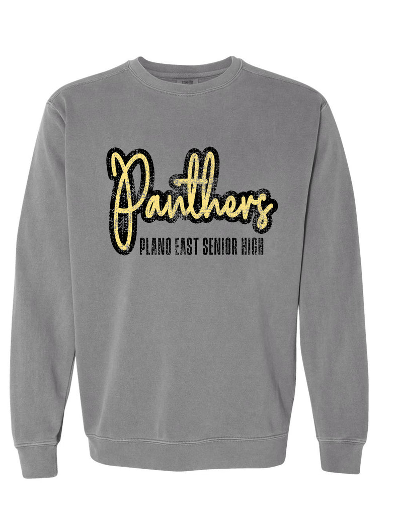 Plano East Cheer Panthers Script Distressed Grey Comfort Colors Crewneck