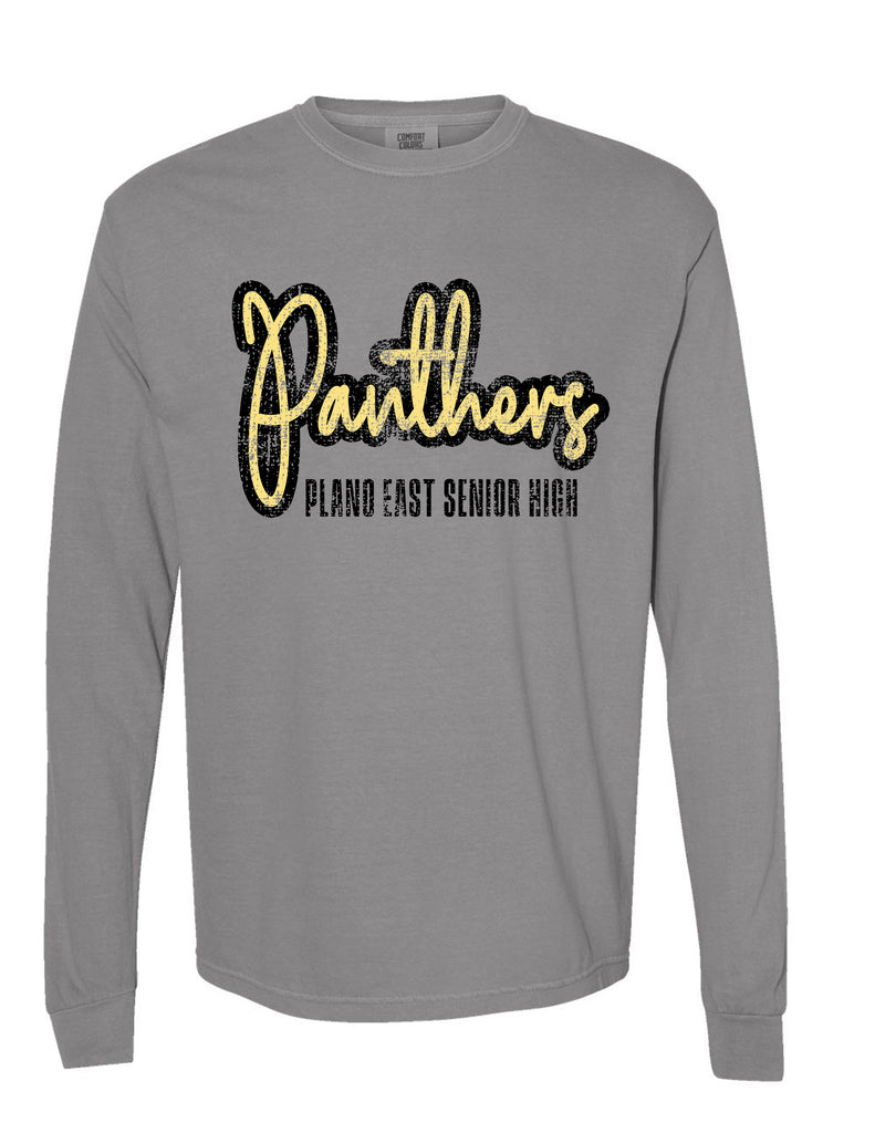Plano East Cheer Panthers Script Distressed Grey Comfort Colors Long Sleeve Tee