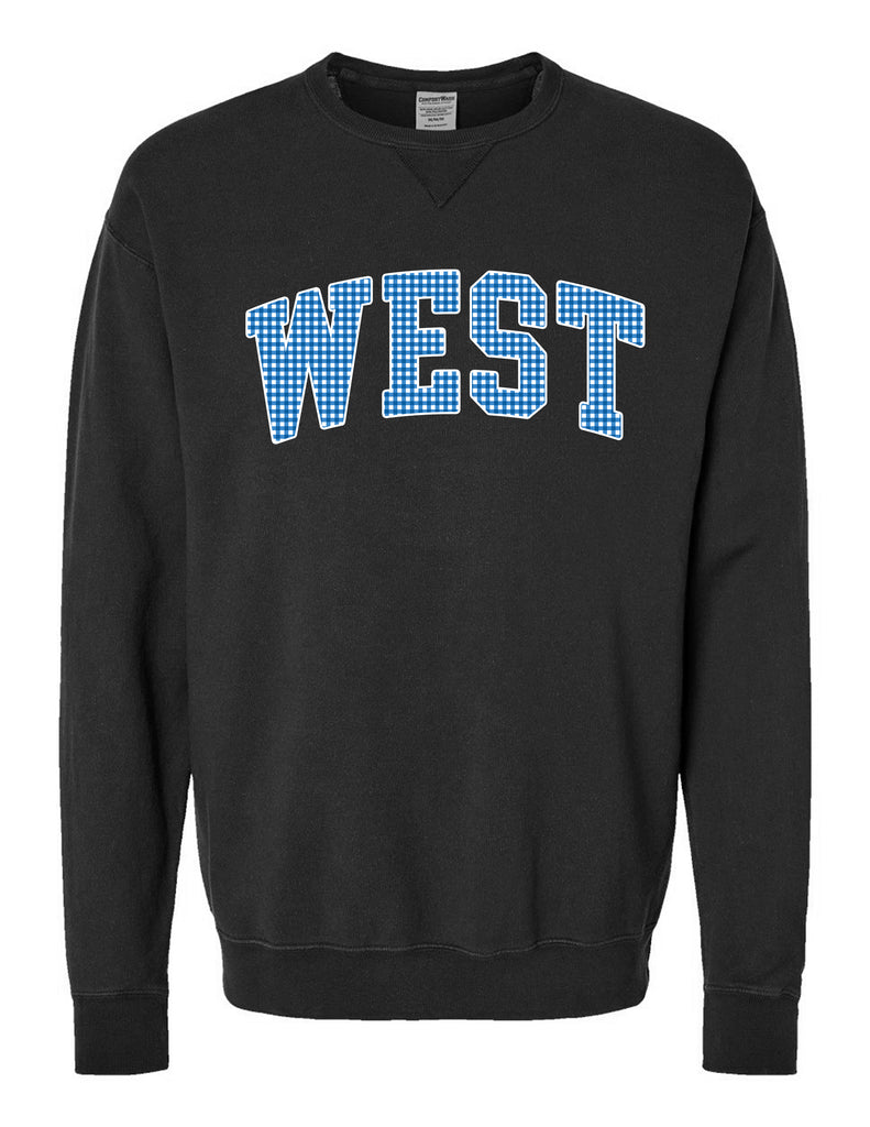 Plano West Cheer Black Comfort Wash Crewneck with Blue Gingham Applique