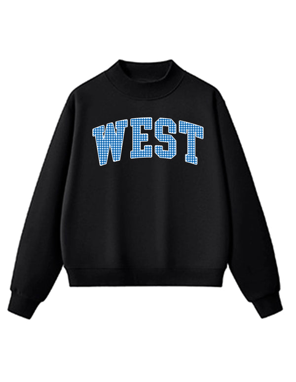 Plano West Black Mock Neck with Blue Gingham Applique
