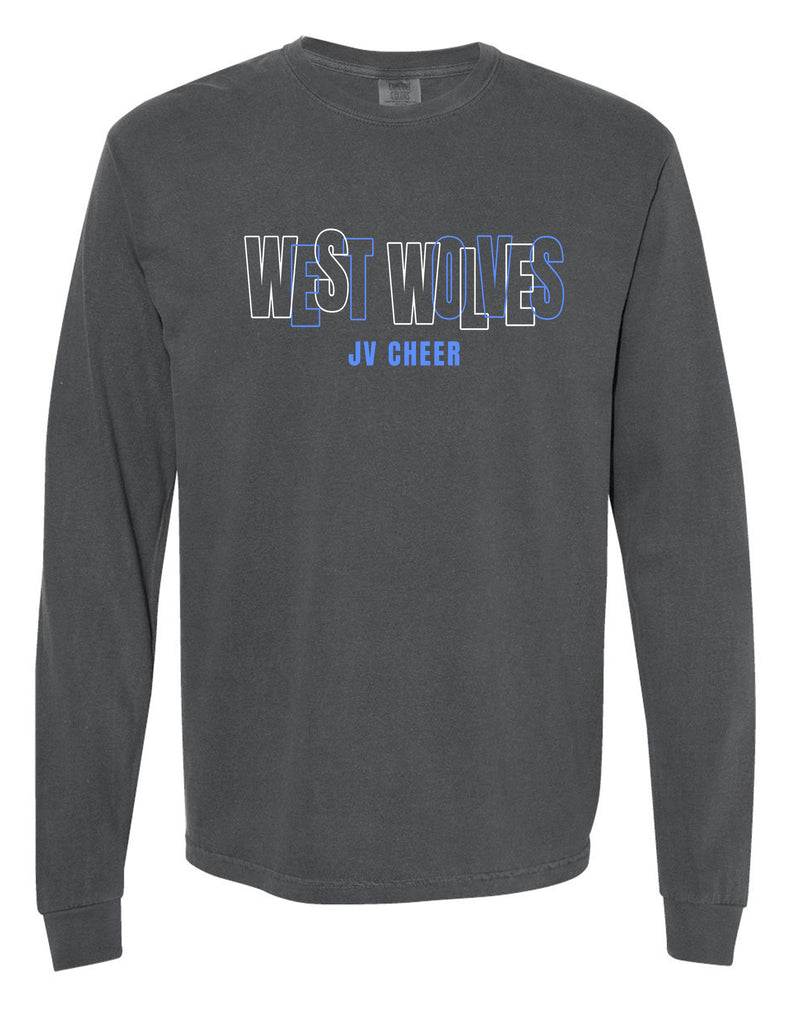 Plano West Cheer Intertwined Letters JV Comfort Colors Pepper Longsleeve Tee