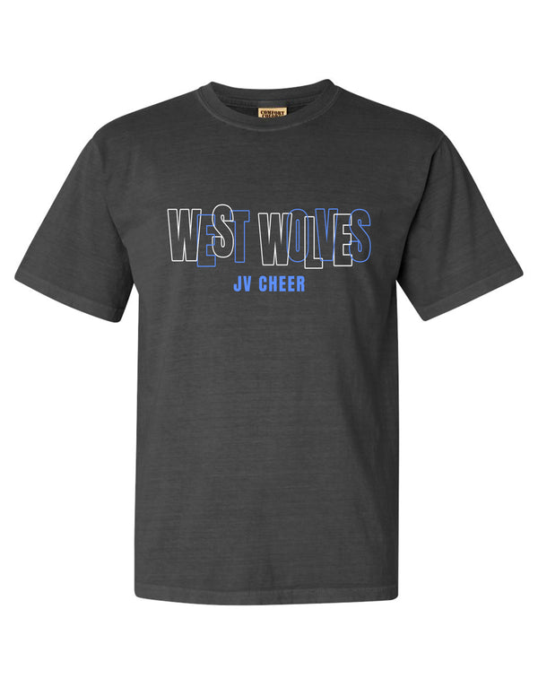 Plano West Cheer Intertwined Letters JV Comfort Colors Pepper Tee