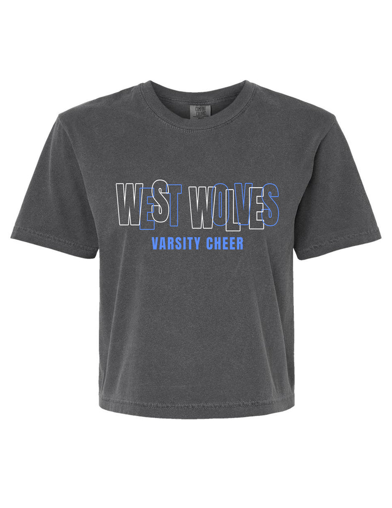 Plano West Cheer Intertwined Letters VARSITY Comfort Colors Pepper Crop Tee