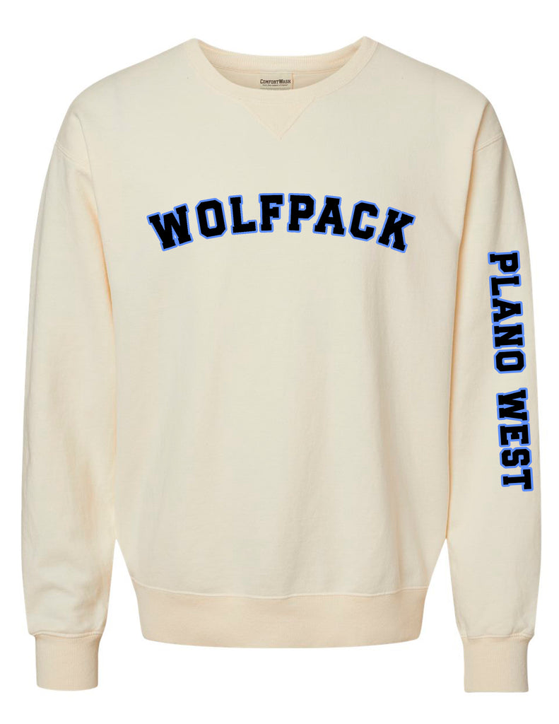Plano West Cheer WOLFPACK Comfort Wash Parchment Sleeve Print Crewneck