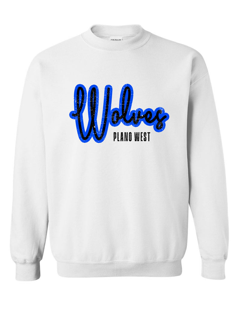 Plano Wolves Script Gildan White Crewneck