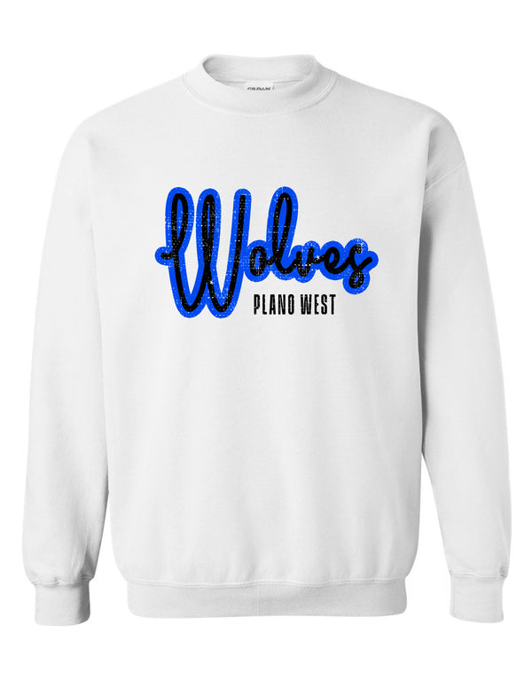 Plano Wolves Script Gildan White Crewneck