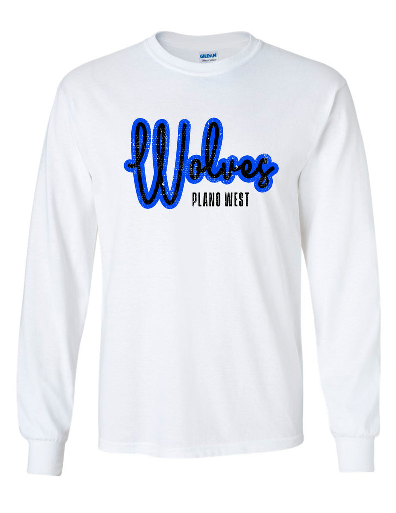 Plano Wolves Script Gildan White Longsleeve