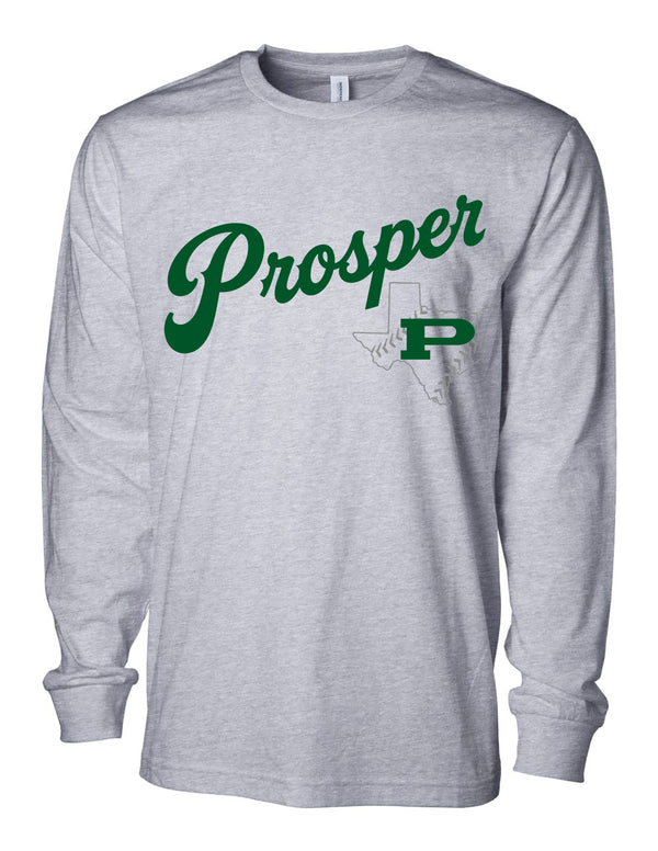 Prosper Baseball Script Logo Oversized Print Ash Gray Independent Trading Long Sleeve Tee