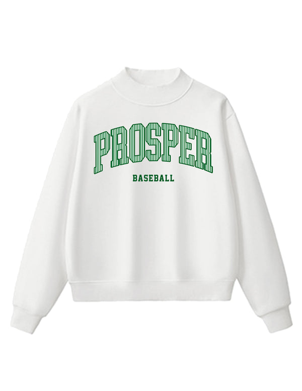 Prosper Baseball Stripe Embroidered Applique Oversized White Mock Neck with "Baseball"