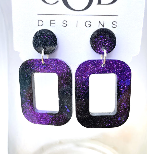 Independence Royals Drill Team Purple & Black Glitter Rectangle Resin Dangle Earrings