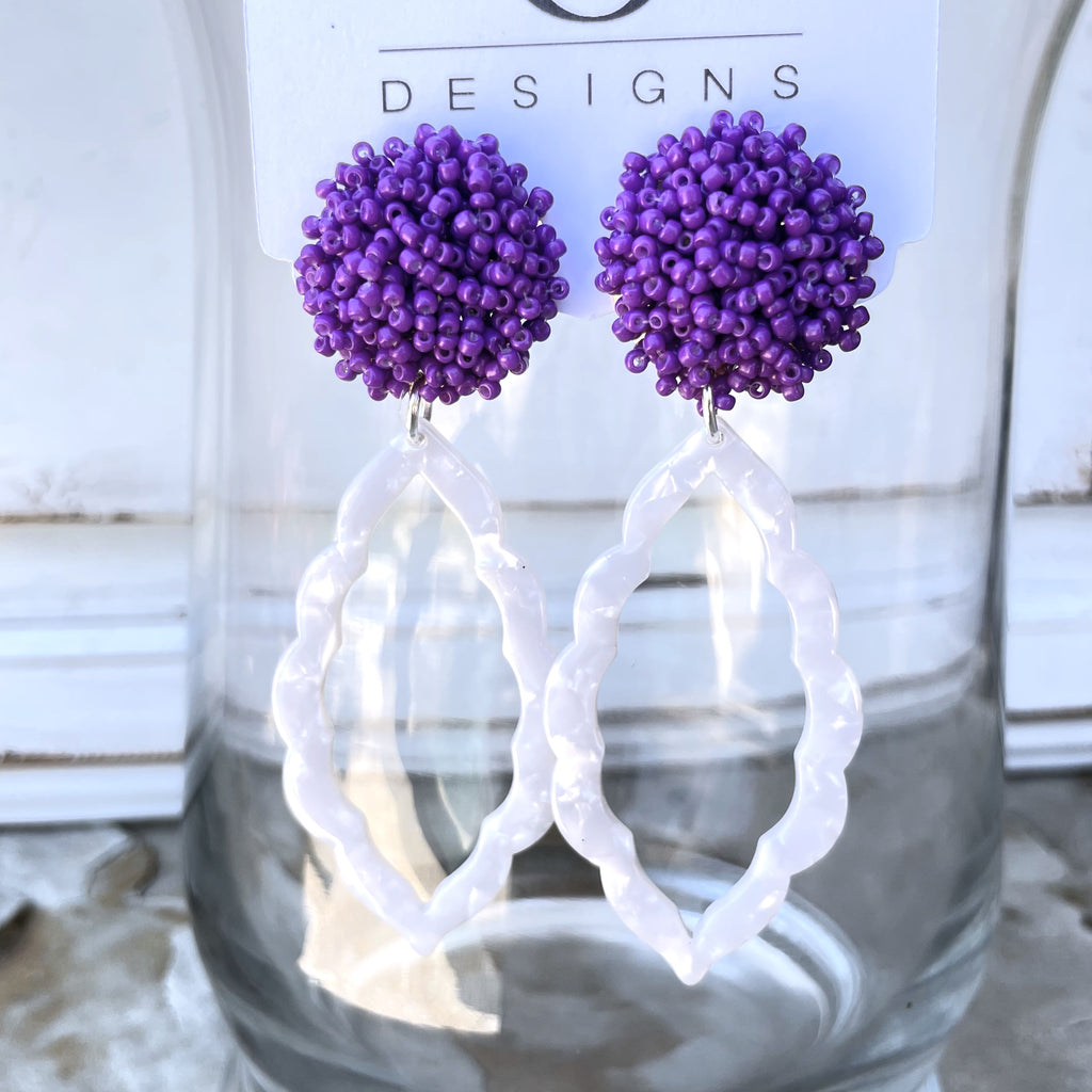 Independence Royals Drill Team Purple and White Beaded Acrylic Earrings