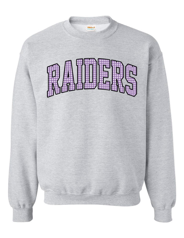 Richland Cheer Embroidered Purple Gingham Applique Gray Gildan Crewneck