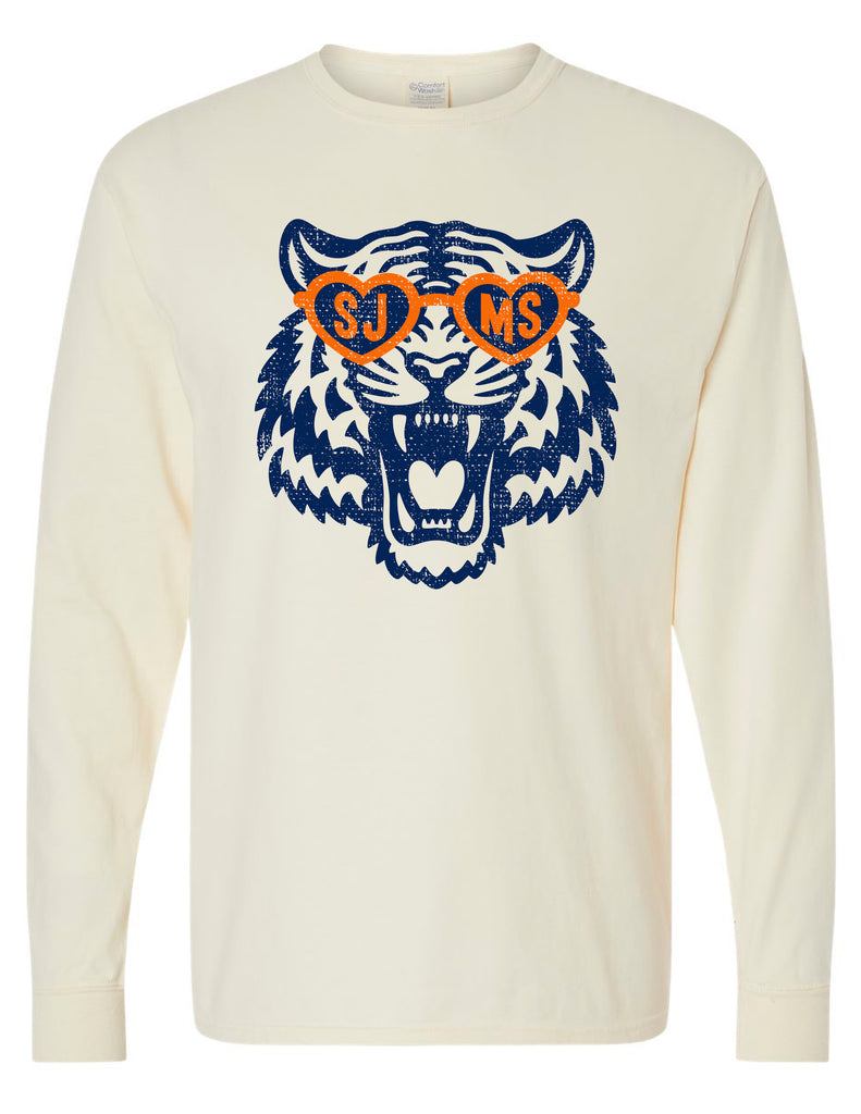 Scott Johnson Comfort Wash Ivory Tiger w/ Glasses Long Sleeve T-Shirt ADULT