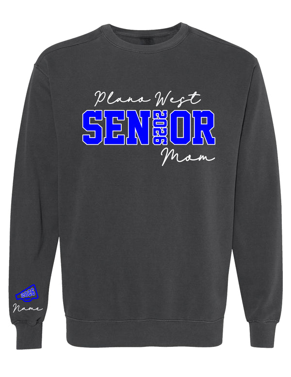 Plano West Cheer Comfort Colors Pepper Senior Mom Crewneck Sweatshirt with Personalization