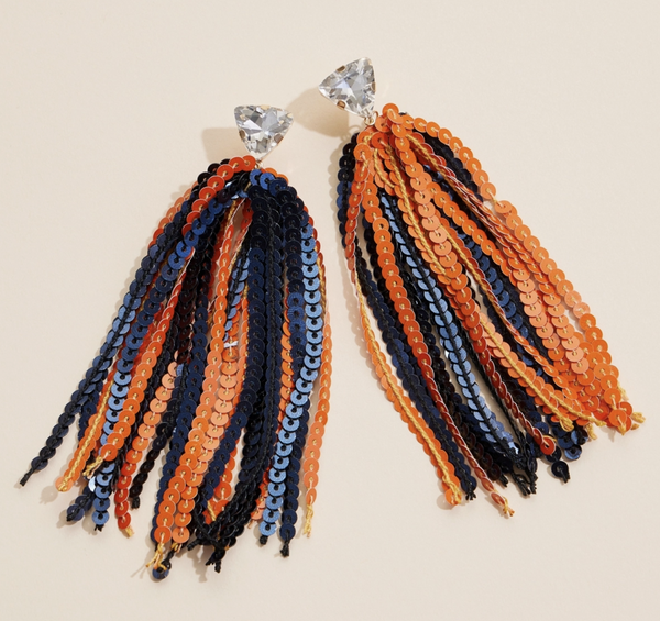 North Soccer Orange and Navy Sequin Tassel Earrings